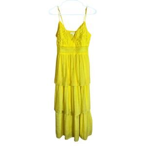 Vintage Rebellion Again Tiered Ruffle Maxi Dress Crocheted Lace Lined Yellow M